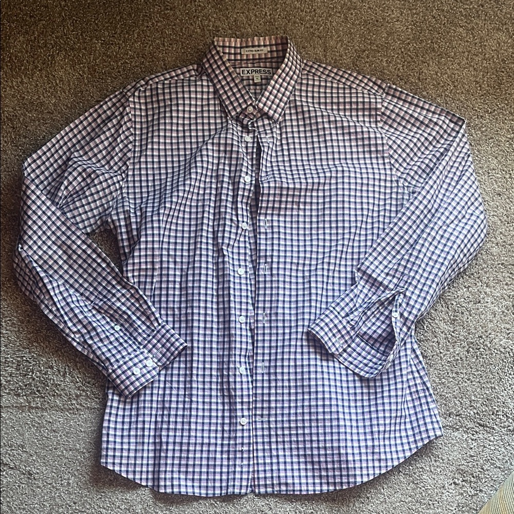 Express Men's Blue and Pink Check Dress Shirt